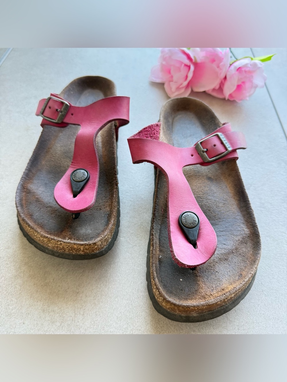 Birkenstock Gizeh Birko-Flor Sandals SZ 6 Pink brown leather logo thong buckle